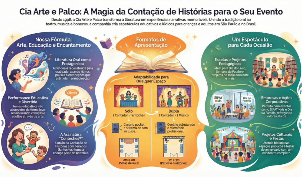 Conheça como a Cia Artepalco de contação de histórias infantis realiza suas ações culturais. Temas e espetáculos das suas contações com bonecos para diversos tipos de público e espaços.