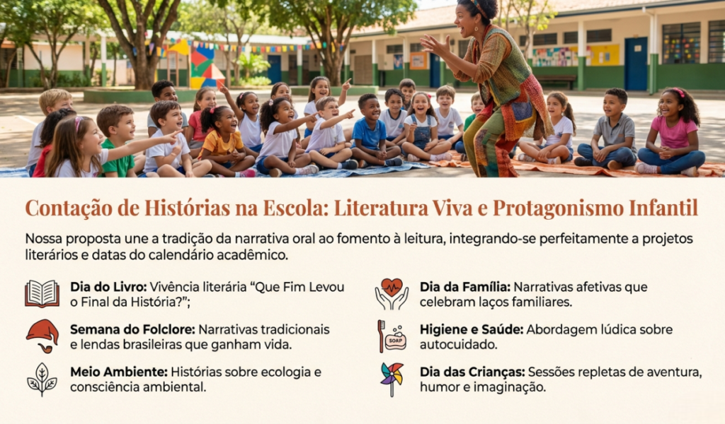 Ícones de espaços para contação de histórias infantis: Escolas, Empresas, Projetos Culturais e Festas de Aniversário