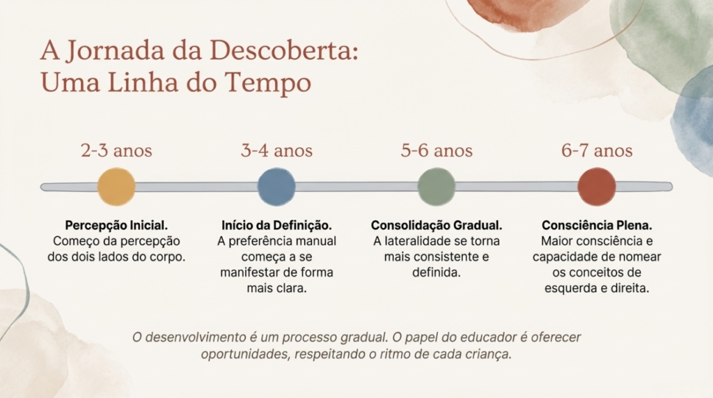 Marcos do desenvolvimento da lateralidade por idade na educação infantil de acordo com a BNCC - Linha do tempo